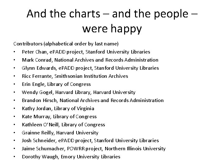 And the charts – and the people – were happy Contributors (alphabetical order by