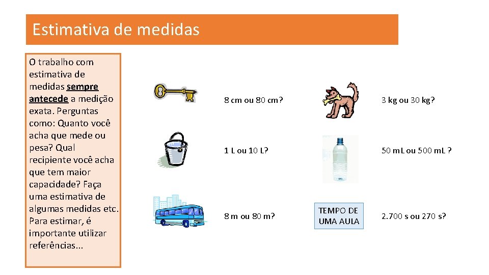 Estimativa de medidas O trabalho com estimativa de medidas sempre antecede a medição exata.