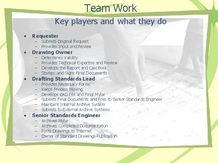 Team Work Key players and what they do • Requester • Drawing Owner •