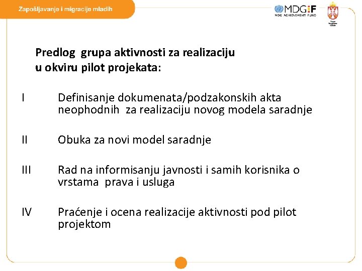 Predlog grupa aktivnosti za realizaciju u okviru pilot projekata: I Definisanje dokumenata/podzakonskih akta neophodnih