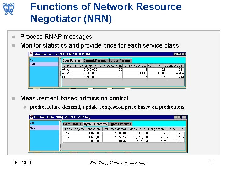 Functions of Network Resource Negotiator (NRN) n Process RNAP messages Monitor statistics and provide
