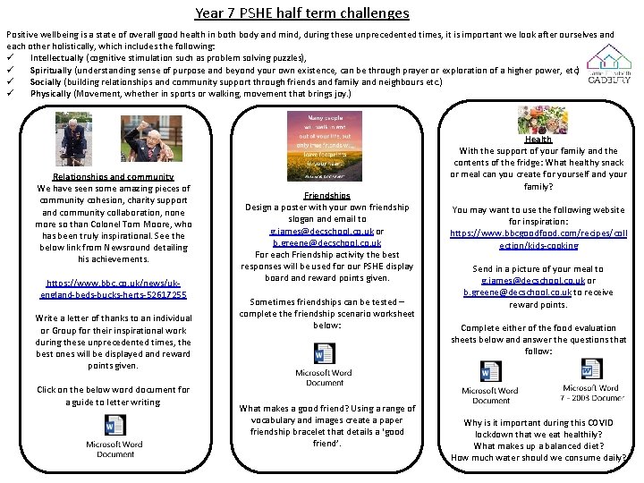 Year 7 PSHE half term challenges Positive wellbeing is a state of overall good