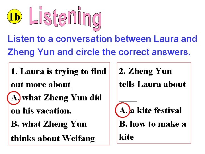 1 b Listen to a conversation between Laura and Zheng Yun and circle the