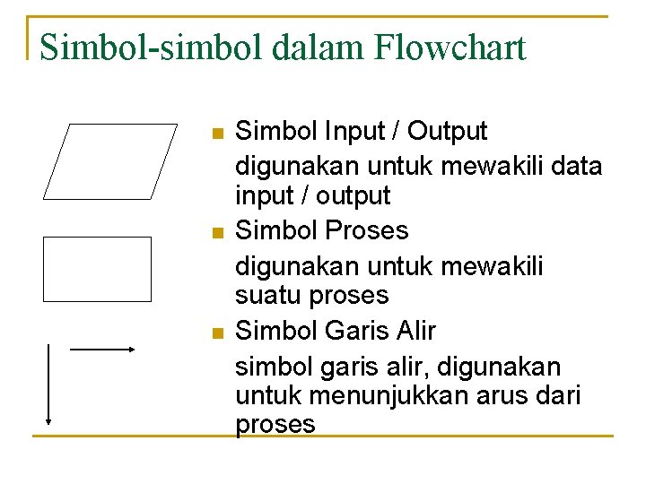 Simbol-simbol dalam Flowchart n n n Simbol Input / Output digunakan untuk mewakili data