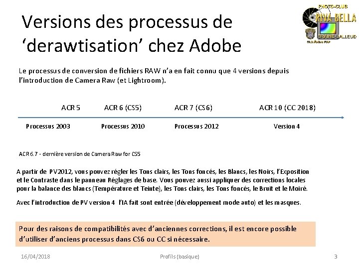 Versions des processus de ‘derawtisation’ chez Adobe Le processus de conversion de fichiers RAW