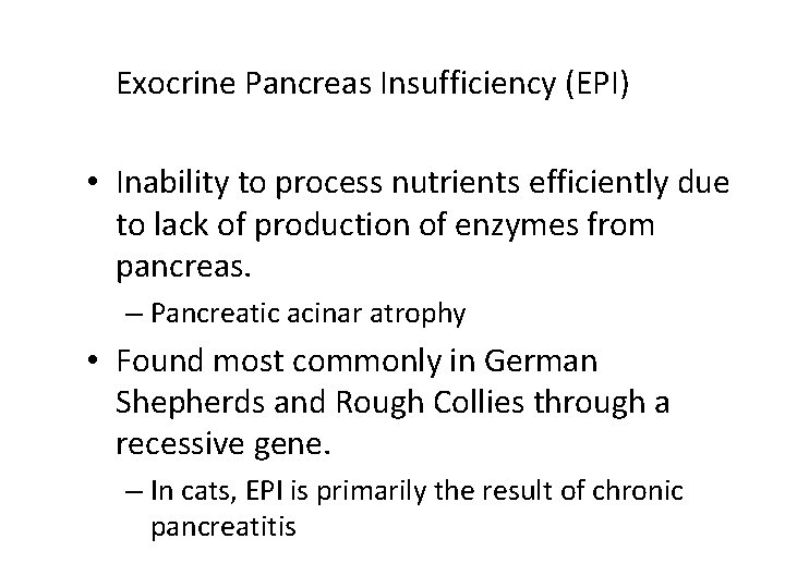 Exocrine Pancreas Insufficiency (EPI) • Inability to process nutrients efficiently due to lack of