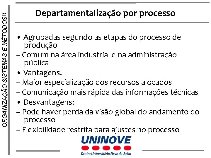 ORGANIZAÇÃO SISTEMAS E MÉTODOS 22 Departamentalização por processo • Agrupadas segundo as etapas do