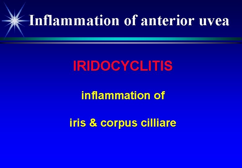 Inflammation of anterior uvea IRIDOCYCLITIS inflammation of iris & corpus cilliare 