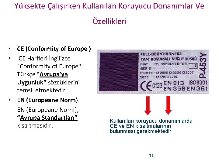 Yüksekte Çalışırken Kullanılan Koruyucu Donanımlar Ve Özellikleri • CE (Conformity of Europe ) •