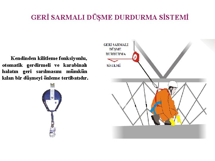 GERİ SARMALI DÜŞME DURDURMA SİSTEMİ Kendinden kilitleme fonksiyonlu, otomatik gerdirmeli ve karabinalı halatın geri