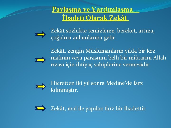 Paylaşma ve Yardımlaşma İbadeti Olarak Zekât sözlükte temizleme, bereket, artma, çoğalma anlamlarına gelir. Zekât,