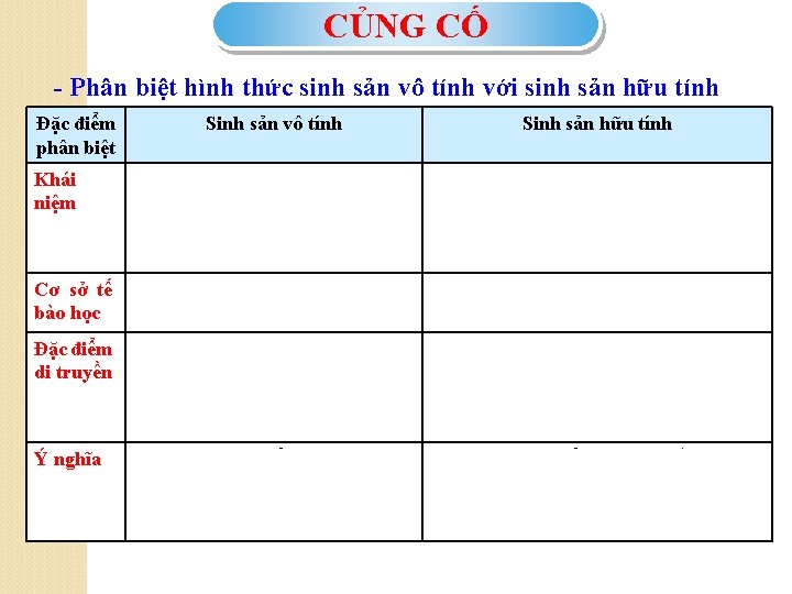 CỦNG CỐ - Phân biệt hình thức sinh sản vô tính với sinh sản