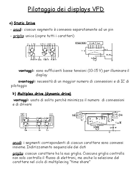 Pilotaggio dei displays VFD a) Static Drive - anodi: ciascun segmento è connesso separatamente Pilotaggio dei displays VFD a) Static Drive - anodi: ciascun segmento è connesso separatamente