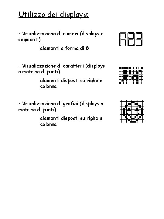 Utilizzo dei displays: - Visualizzazione di numeri (displays a segmenti) elementi a forma di