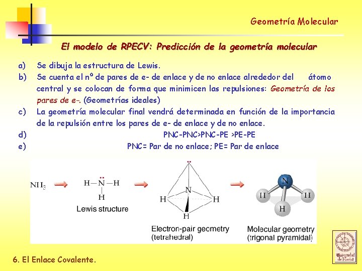 Geometría Molecular El modelo de RPECV: Predicción de la geometría molecular a) b) c)