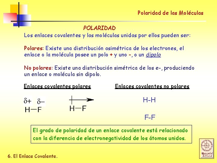 Polaridad de las Moléculas POLARIDAD Los enlaces covalentes y las moléculas unidas por ellos