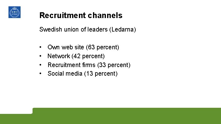 Recruitment channels Swedish union of leaders (Ledarna) • • Own web site (63 percent)