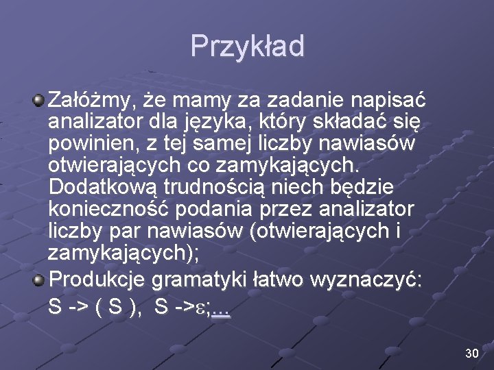 Przykład Załóżmy, że mamy za zadanie napisać analizator dla języka, który składać się powinien,