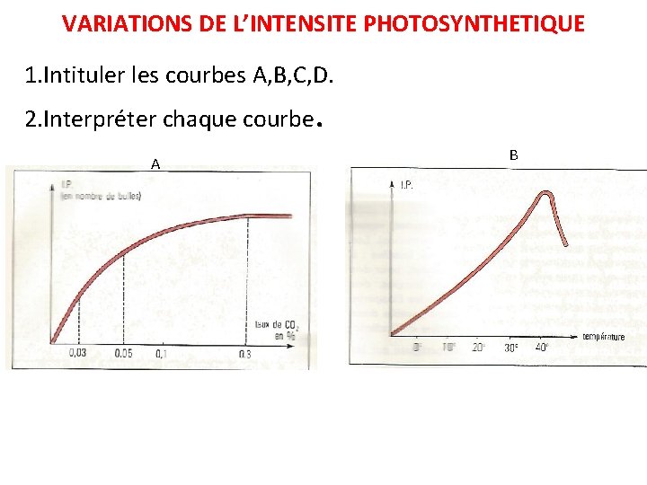 VARIATIONS DE L’INTENSITE PHOTOSYNTHETIQUE 1. Intituler les courbes A, B, C, D. 2. Interpréter