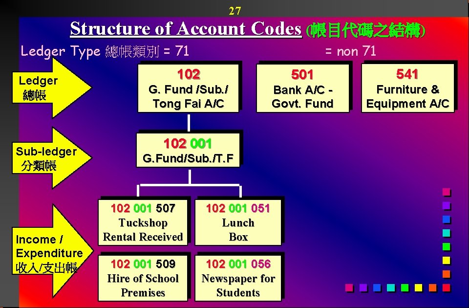 27 Structure of Account Codes (帳目代碼之結構) Ledger Type 總帳類別 = 71 Ledger 總帳 Sub-ledger