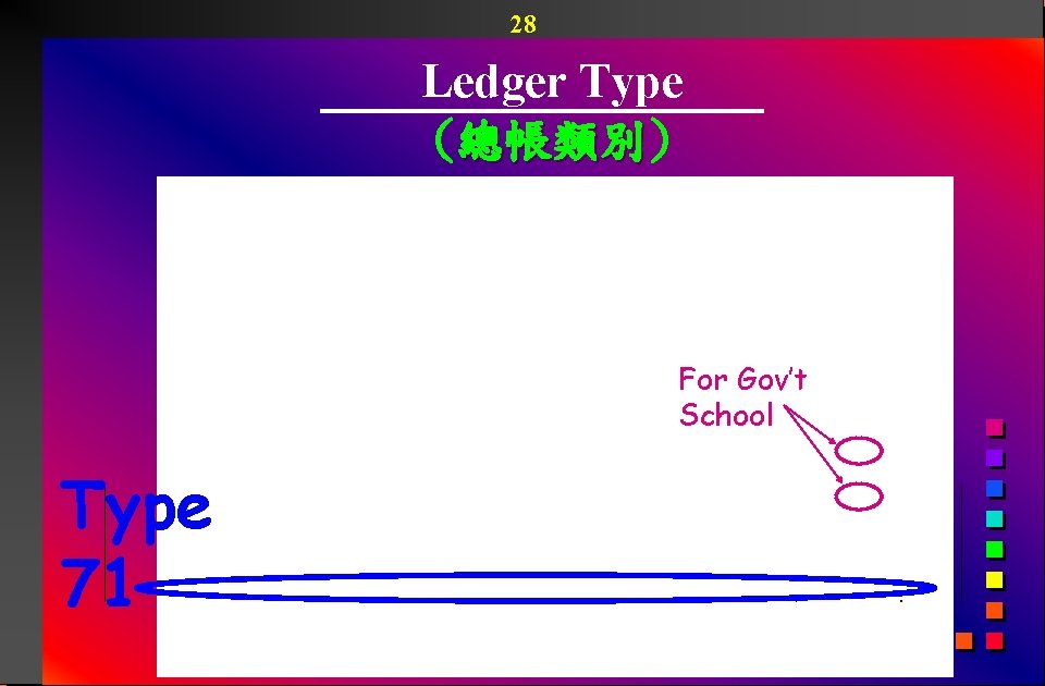 28 Ledger Type (總帳類別) 總帳類別 For Gov’t School Type 71 