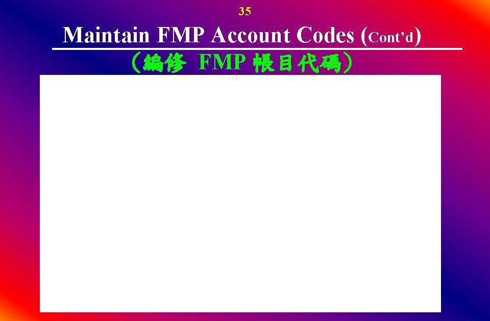 35 Maintain FMP Account Codes (Cont’d) (編修 FMP 帳目代碼) 