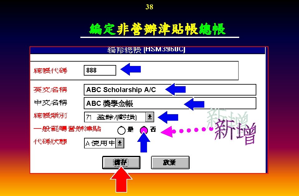 38 編定非營辦津貼帳總帳 888 ABC Scholarship A/C ABC 獎學金帳 