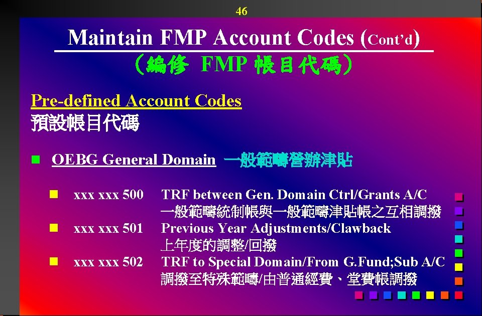 46 Maintain FMP Account Codes (Cont’d) (編修 FMP 帳目代碼) Pre-defined Account Codes 預設帳目代碼 n