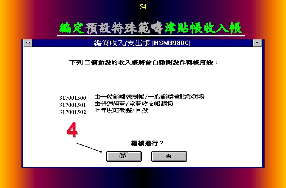 54 編定預設特殊範疇津貼帳收入帳 317001500 317001501 317001502 4 