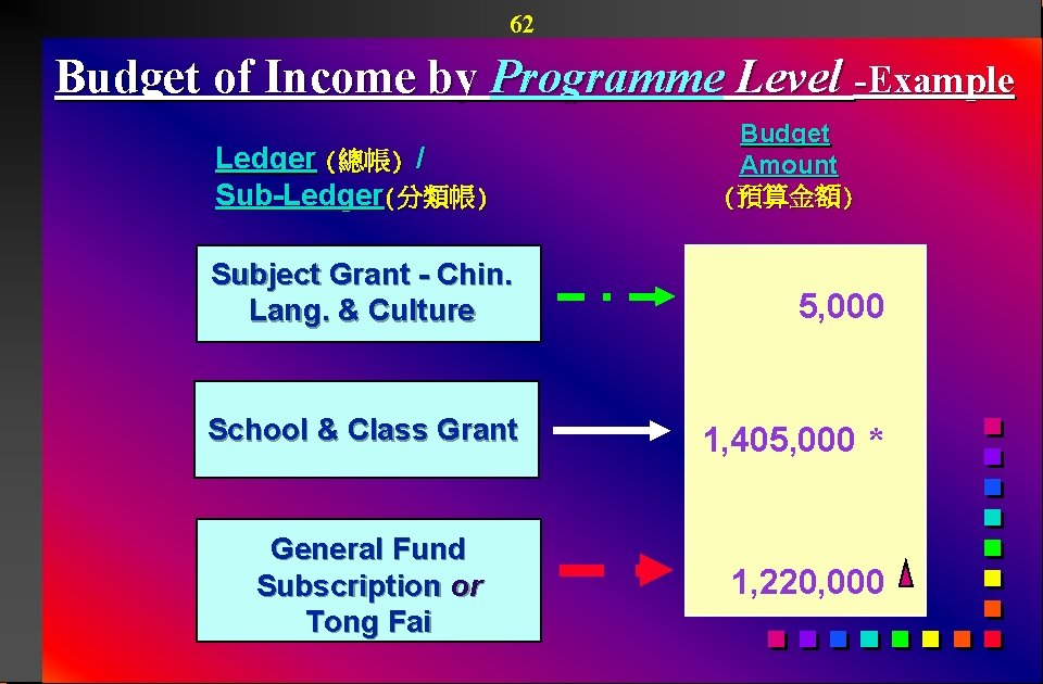 62 Budget of Income by Programme Level -Example Ledger (總帳) / Sub-Ledger(分類帳) Budget Amount