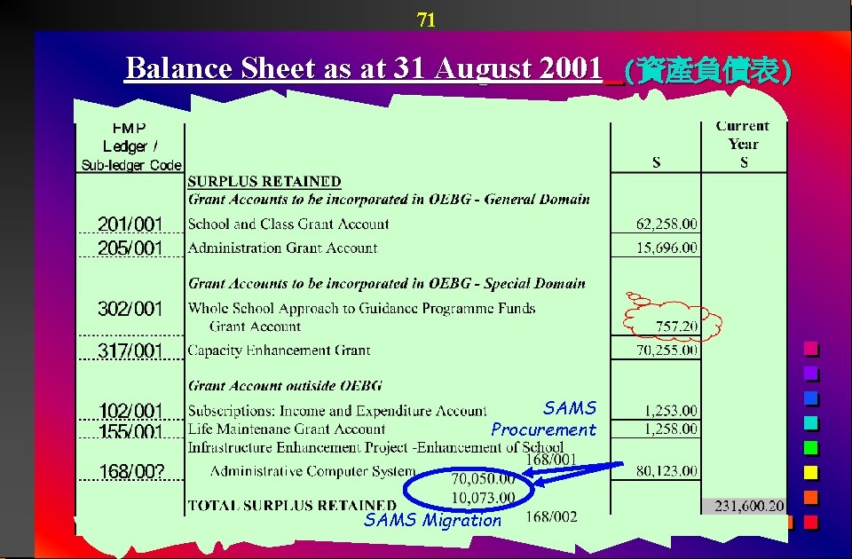 71 Balance Sheet as at 31 August 2001 (資產負債表) SAMS Procurement SAMS Migration 
