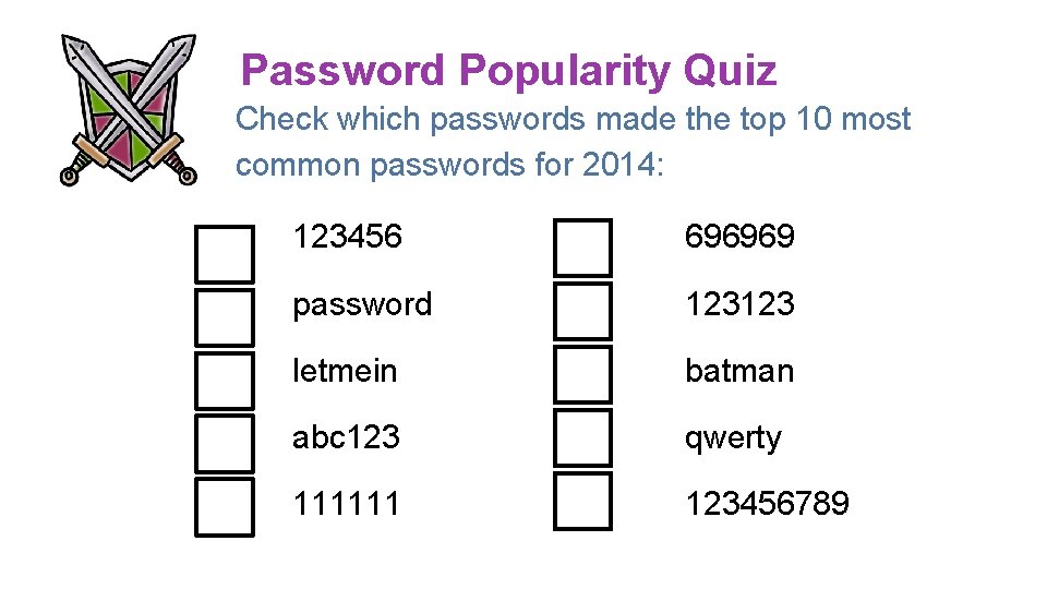 Password Popularity Quiz Check which passwords made the top 10 most common passwords for