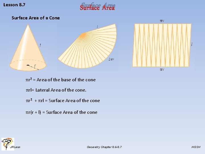 Surface Area Lesson 8. 7 Surface Area of a Cone r 2 = Area