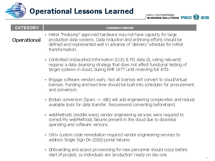 Operational Lessons Learned CATEGORY Lessons Learned • HANA "Fedramp" approved hardware may not have