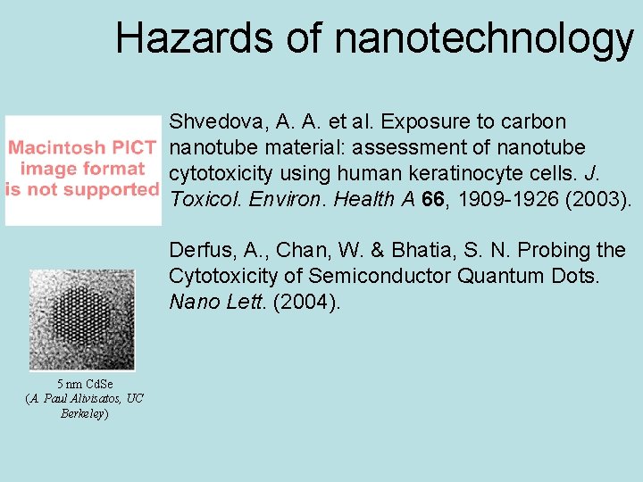 Hazards of nanotechnology Shvedova, A. A. et al. Exposure to carbon nanotube material: assessment