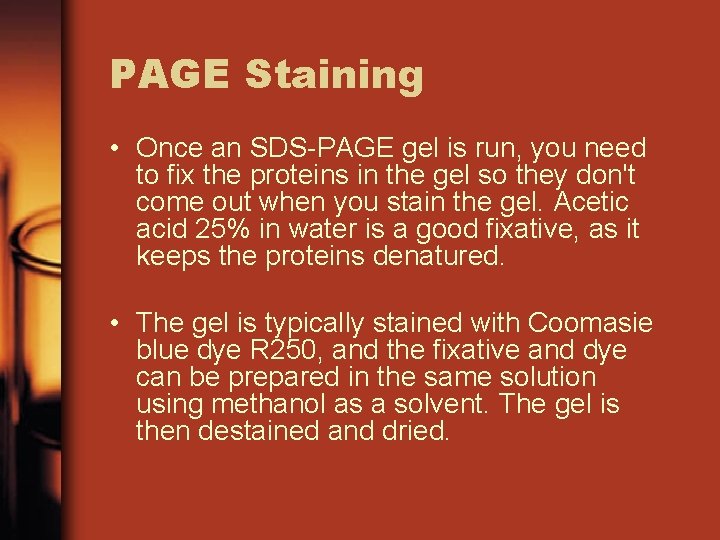 PAGE Staining • Once an SDS-PAGE gel is run, you need to fix the