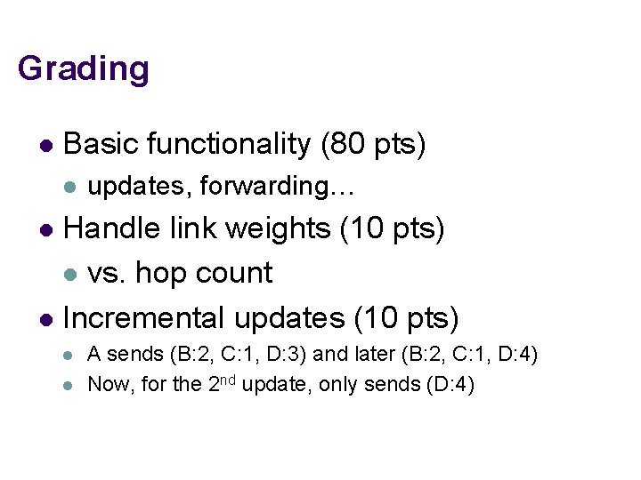 Grading l Basic functionality (80 pts) l updates, forwarding… Handle link weights (10 pts)