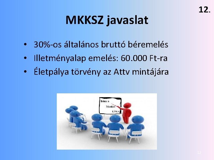 MKKSZ javaslat 12. • 30%-os általános bruttó béremelés • Illetményalap emelés: 60. 000 Ft-ra