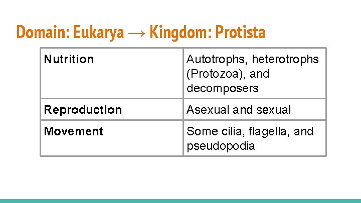 Domain: Eukarya → Kingdom: Protista Nutrition Autotrophs, heterotrophs (Protozoa), and decomposers Reproduction Asexual and