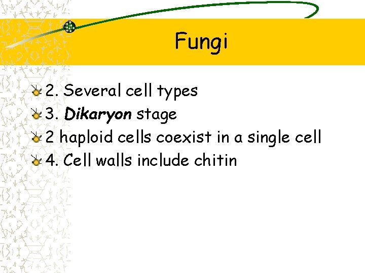 Fungi 2. Several cell types 3. Dikaryon stage 2 haploid cells coexist in a