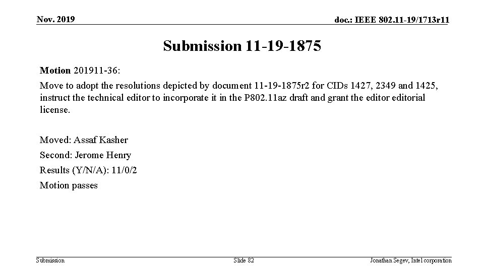 Nov. 2019 doc. : IEEE 802. 11 -19/1713 r 11 Submission 11 -19 -1875