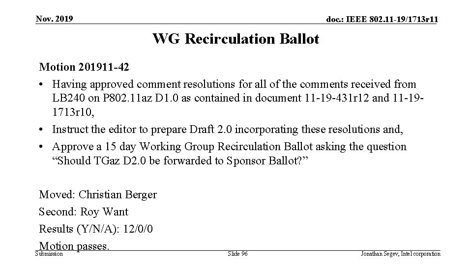 Nov. 2019 doc. : IEEE 802. 11 -19/1713 r 11 WG Recirculation Ballot Motion