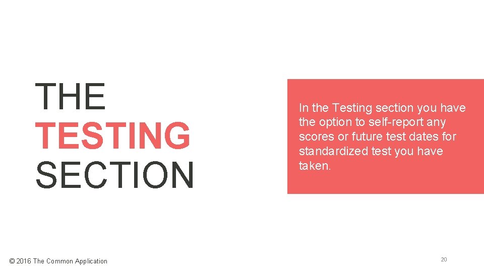 THE TESTING SECTION © 2016 The Common Application In the Testing section you have