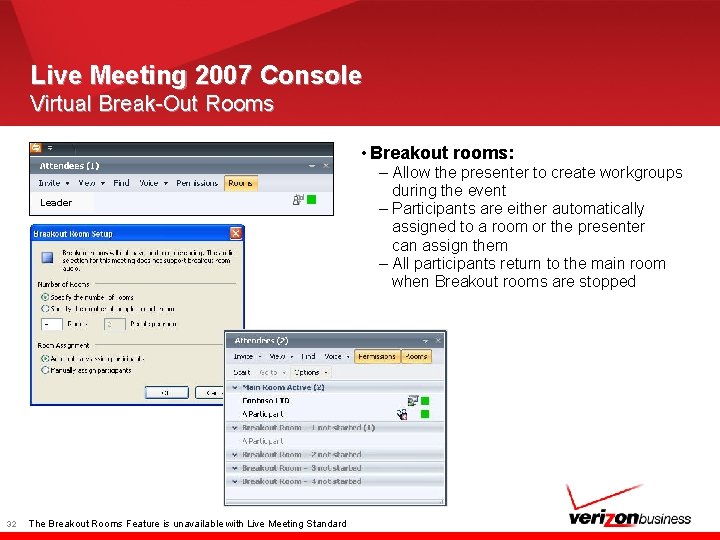 Live Meeting 2007 Console Virtual Break-Out Rooms • Breakout rooms: Leader 32 The Breakout