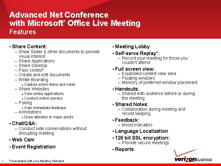 Advanced Net Conference with Microsoft Office Live Meeting ® Features • Share Content: –