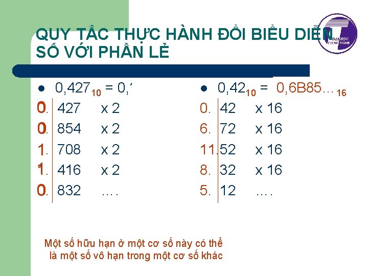 QUY TẮC THỰC HÀNH ĐỔI BIỂU DIỄN SỐ VỚI PHẦN LẺ l 0 0.