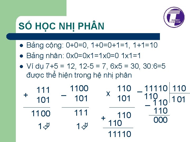 SỐ HỌC NHỊ PH N l l l Bảng cộng: 0+0=0, 1+0=0+1=1, 1+1=10 Bảng