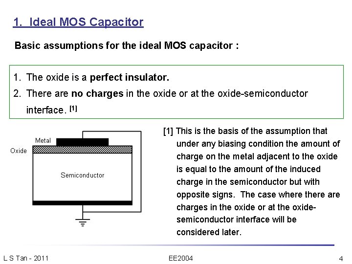 1. Ideal MOS Capacitor Basic assumptions for the ideal MOS capacitor : 1. The