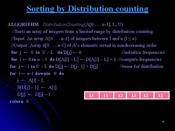 Sorting by Distribution counting ALGORITHM Distribution. Counting(A[0. . . n-1], L, U) //Sorts an