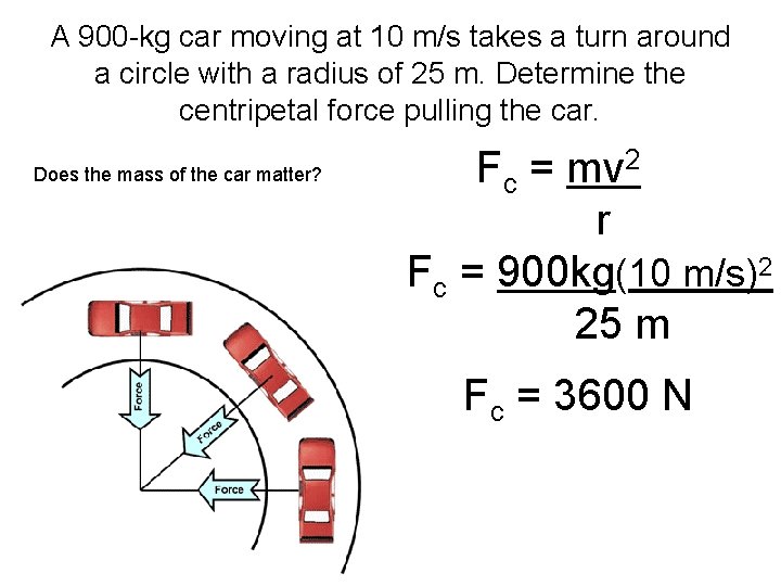 A 900 -kg car moving at 10 m/s takes a turn around a circle